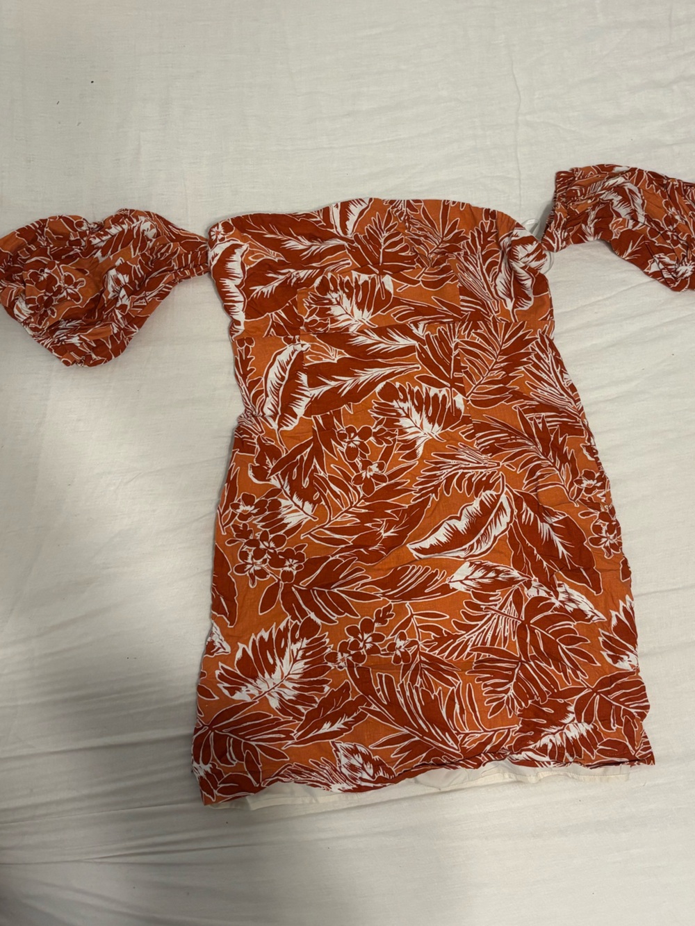 Forever 21 Linen Blend Floral Off-Shoulder Puff Sleeve Mini Dress